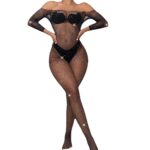 Women's Black Rhinestone One-piece Tight Fishnet Clothes - Image 9